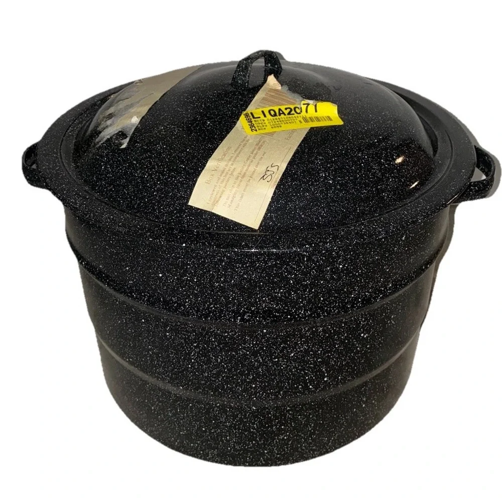 Extra Large Black Speckled Enamelware Canning Pot With Rack And Lid 14x10